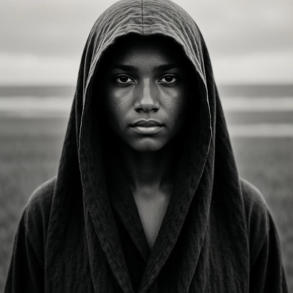A dramatic black-and-white portrait of a young person draped in a hooded garment, their face framed by the hood's dark folds. Their skin tone and the subtle sheen on their cheeks create striking tonal contrast against the deep shadows. Their eyes are piercing, looking directly into the lens with a calm, steady intensity—neither confrontational nor submissive, but deeply present. The texture of the fabric is visible: it's dense, slightly weathered, and whisper-thin creases catch the light. In the background, an expansive, out-of-focus landscape suggests open space—perhaps distant plains or water—though the details remain soft and abstract. The overall mood is silent yet powerful, poised between vulnerability and resilience, with every highlight and shadow telling part of their story.