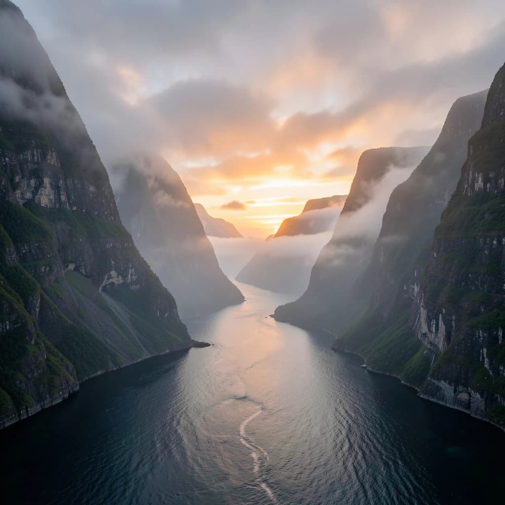 Frame a foggy fjord at sunrise, cliffs looming.