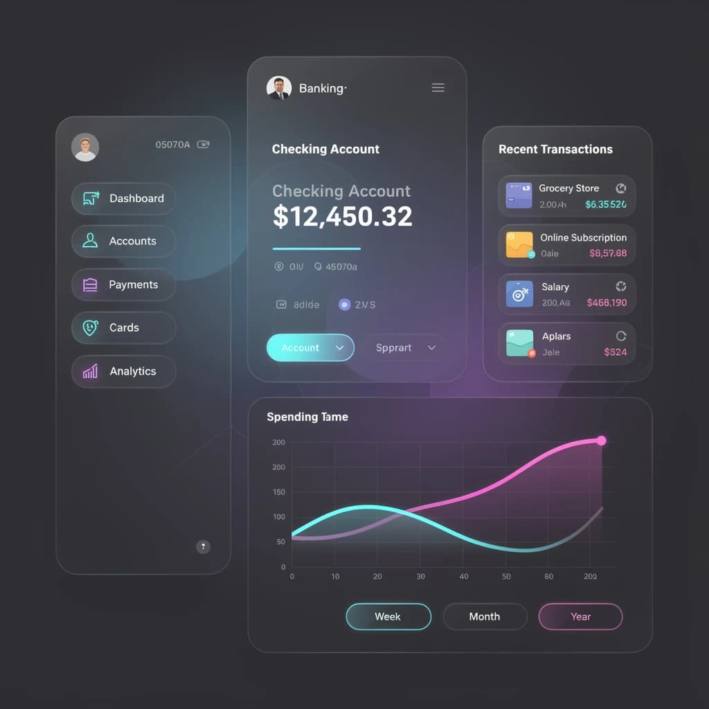 Dark mode banking dashboard with glassmorphism.