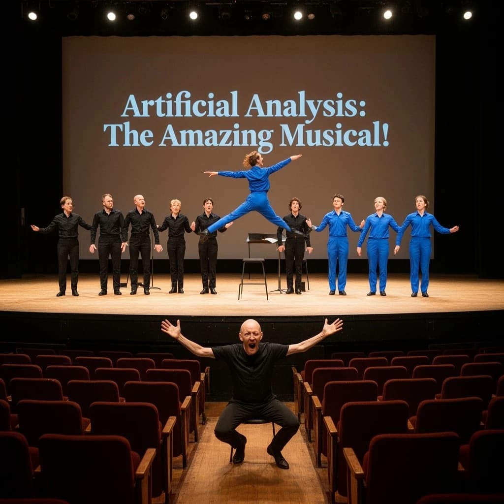 The musical troupe do a rehearsal in a large, empty theatre. 9 people are on the stage, half wear black and the others wear blue. The skinny bald director, seated in the second row, is practically leaping out of their seat with excitement as the leads nail their aerial. A giant banner reading "Artificial Analysis: The Amazing Musical!" is behind the actors.