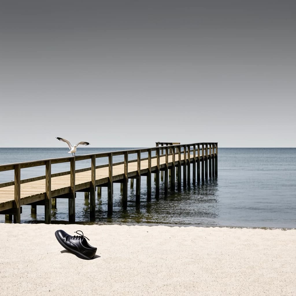 The beach is flat, sand beige, granular, no shells, except for a single left shoe, black leather, size eleven, half buried at an angle. The pier extends straight into the water, wood untreated, grain visible, though the support posts vanish before they touch the surface. The sky is uniformly gray, no clouds, yet shadows stretch at sharp diagonals. A single gull sits on the railing, wings outstretched, frozen mid-flap, no movement.
