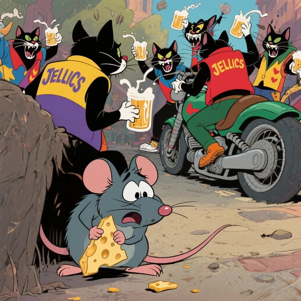 The cartoon rat clenches his thin wedge of cheese and trembles in fear as he hides from the menacing Jellicles, the roaming cat motorcycle gang, all wearing their colors with the name on the back. The cats have all drunk far too much milk and are causing a big ruckus! One cat is close to finding the rat