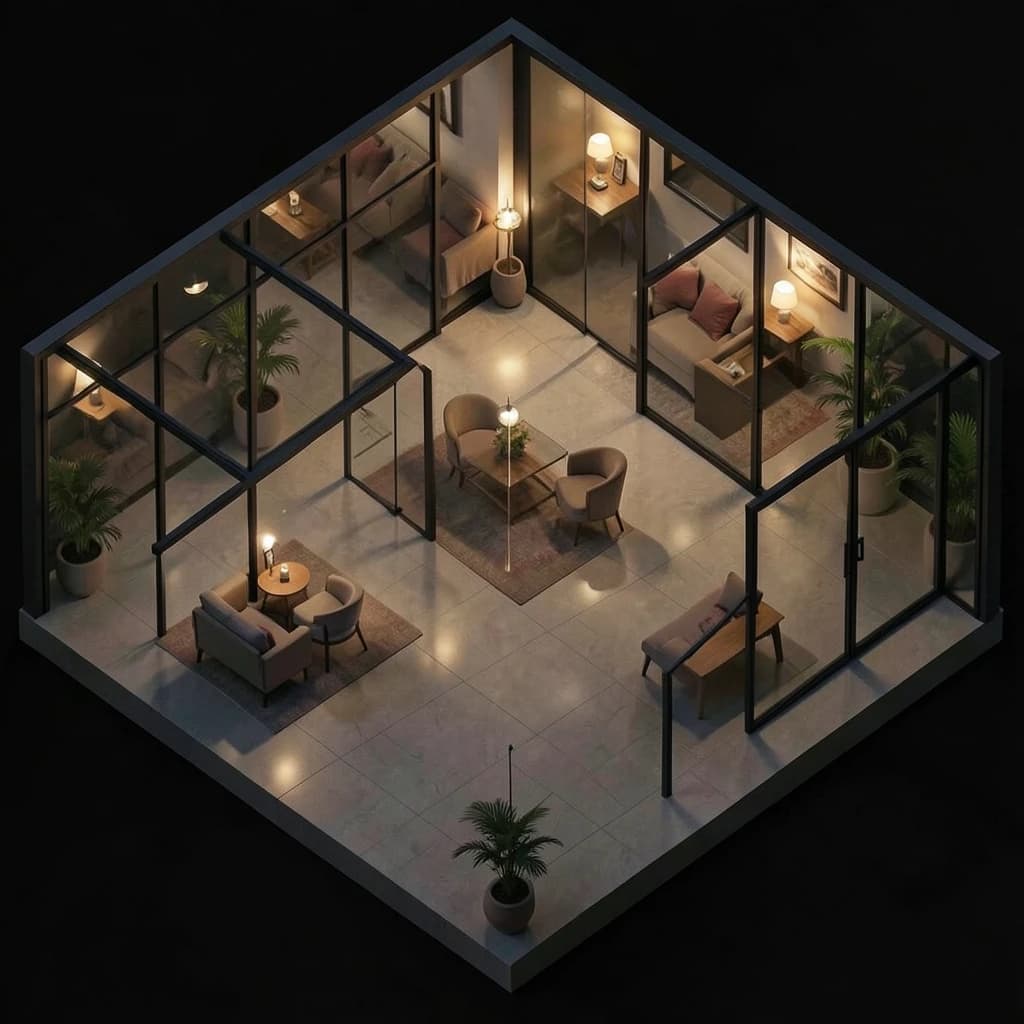Isometric 3D lobby, glass walls, warm lights, slightly moody, soft shadows.