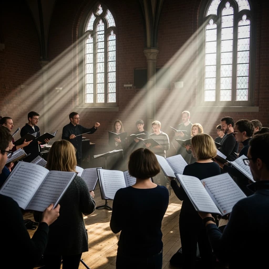 A choir rehearses in a brick hall as somewhat dramatic morning light falls through high windows, with a patient conductor mid-gesture, open scores, intent faces, slight motion blur.