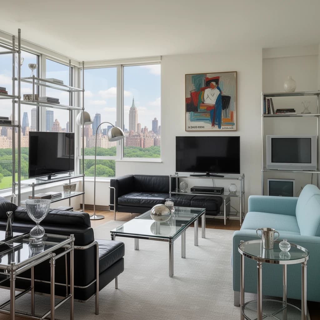 My apartment overlooks Central Park. It’s very luxurious, very expensive, and the furniture is minimal — a black leather couch, a glass coffee table with chrome legs, an Arne Jacobsen floor lamp. A big-screen television set rests on a steel shelving unit. A David Onica painting hangs above the couch. There’s a stainless steel and glass cocktail table. A powder-blue sofa. A thirty-inch digital TV.