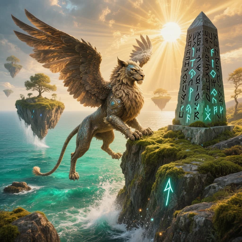 At dawn, a winged griffin lands on a mossy cliff above a jade sea beside a runed obelisk; floating isles drift under golden sunbeams, with a bit of sea spray and glowing runes.