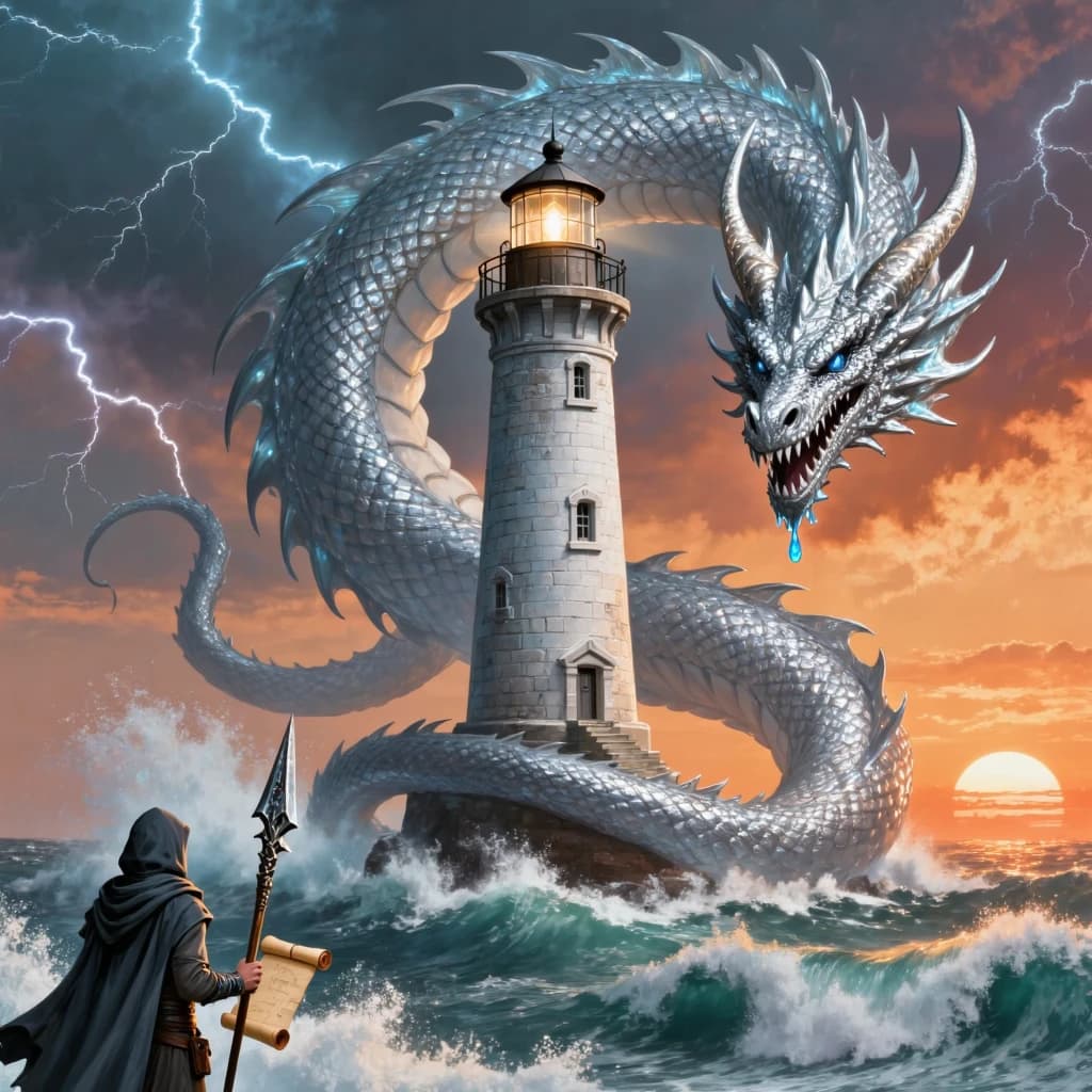 A dragon of molten silver coils around a lighthouse. The storming sea below crashes upward in frozen stillness, as though caught mid-motion. The dragon’s molten eyes drip tears of ice. On the horizon, two suns set next to each other, casting orange light on one side of the tower and blue on the other. A cloaked traveler carries an ancient weapon in his left hand and a scroll in his right.