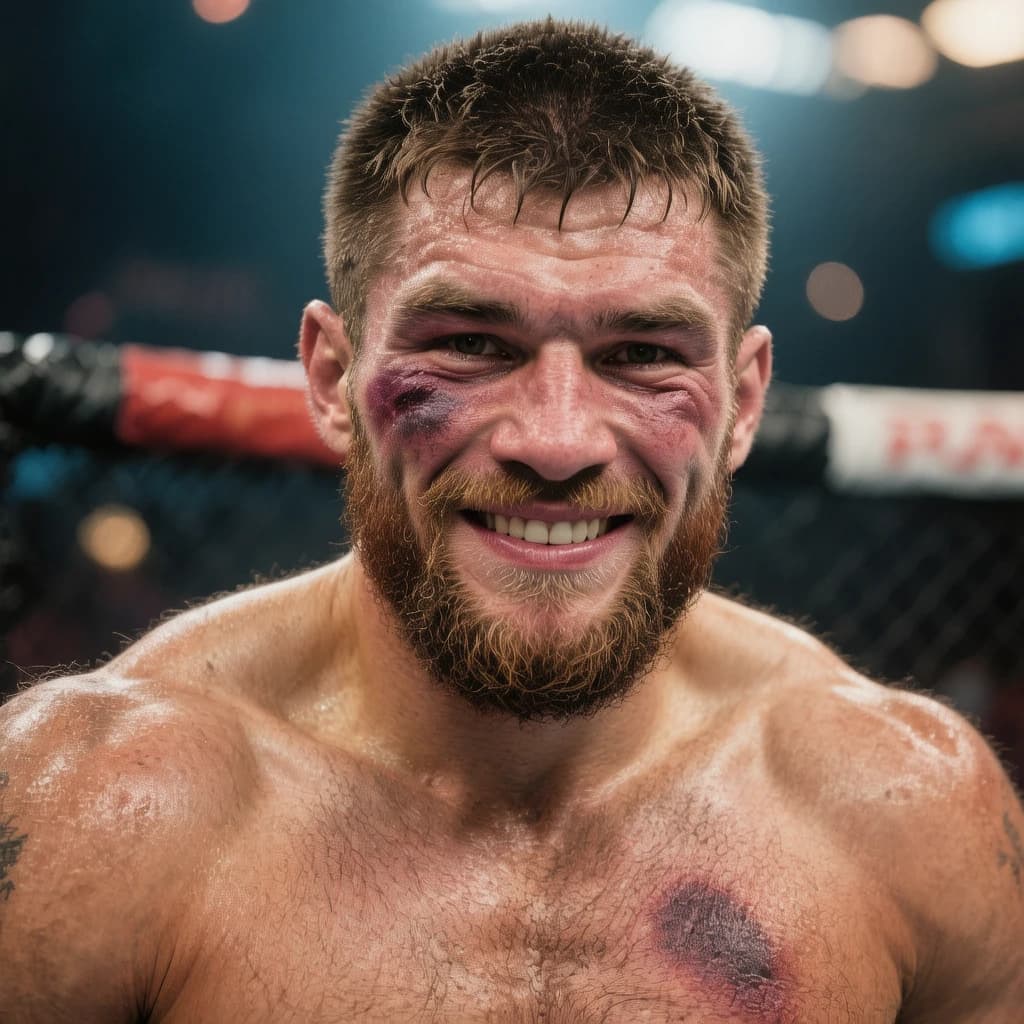 Paint a bruised boxer smiling, serious expression.