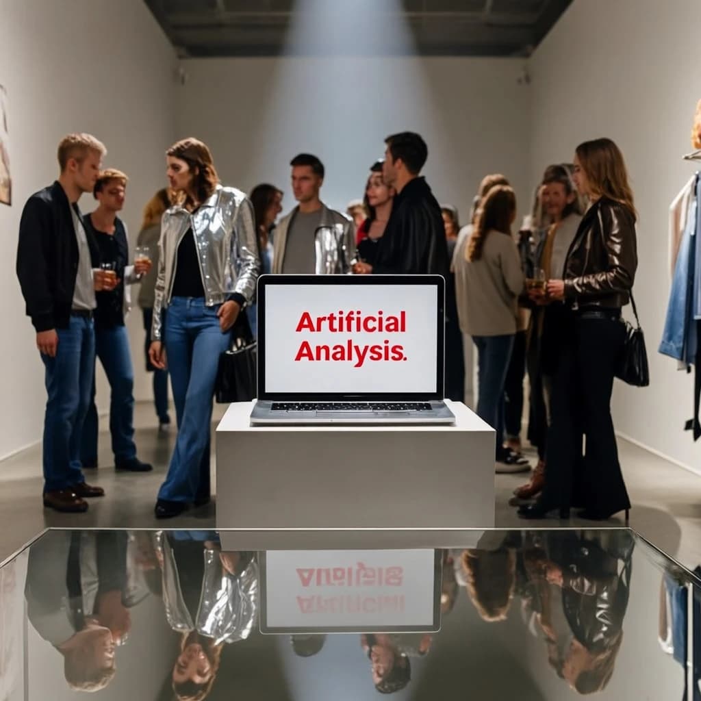 In a spotless gallery space, a pedestal supports a transparent laptop whose screen flickers between static and pristine brand imagery. Shoppers blur past in designer clothes that appear slightly outdated - bell bottoms, metallic jackets. The embossed logo “Artificial Analysis” glints silver, yet its reflection in the glass floor reads in crimson letters. A single spotlight shines, though shadows fall in two directions.