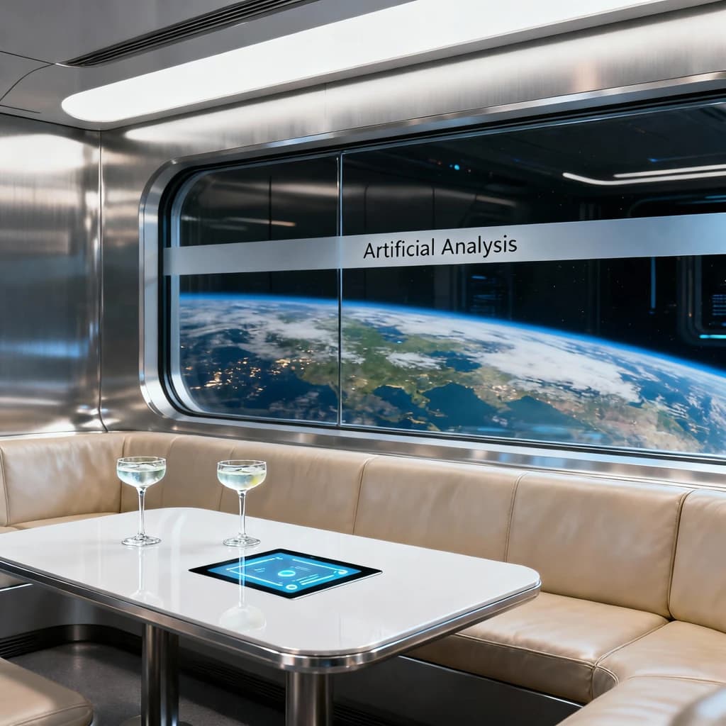 The orbital lounge has brushed aluminum walls and pale leather banquettes. Low white tables are inset with glowing touchscreens. Drinks are clear, flavorless, in tall unmarked glasses. The viewport is floor-to-ceiling, showing Earth moving slowly beneath. The word Artificial Analysis is etched discreetly on the glass in a frosted band.