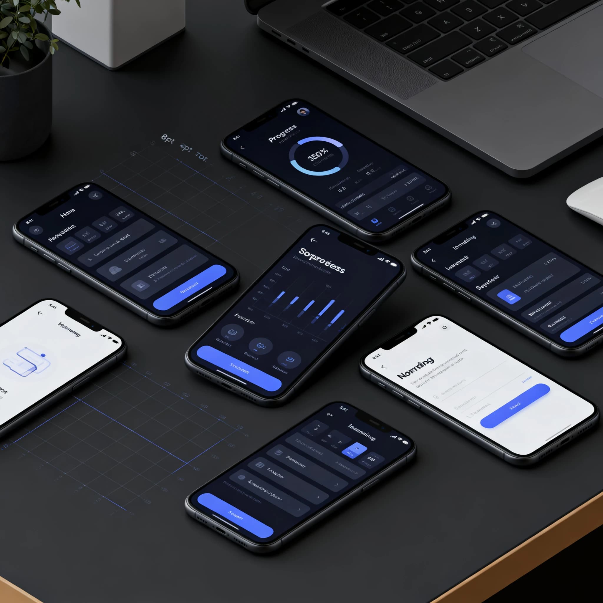 Sleek mobile fitness app screens on a desk: dark mode home, progress dashboard, simple onboarding, clear 8 pt grid, slightly oversized buttons for thumb reach, muted colors.
