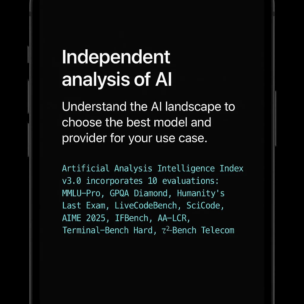 On a black smartphone UI with rounded corners, display a centered text block in white San Francisco font, 16pt: “Independent analysis of AI - Understand the AI landscape to choose the best model and provider for your use case.” Below, in neon cyan, monospace font, smaller size: “Artificial Analysis Intelligence Index v3.0 incorporates 10 evaluations: MMLU-Pro, GPQA Diamond, Humanity's Last Exam, LiveCodeBench, SciCode, AIME 2025, IFBench, AA-LCR, Terminal-Bench Hard, 𝜏²-Bench Telecom.” The second block scrolls horizontally as a ticker. The battery icon in the status bar shows 54%. The Artificial Analysis logo appears faintly, embossed into the bottom navigation bar.