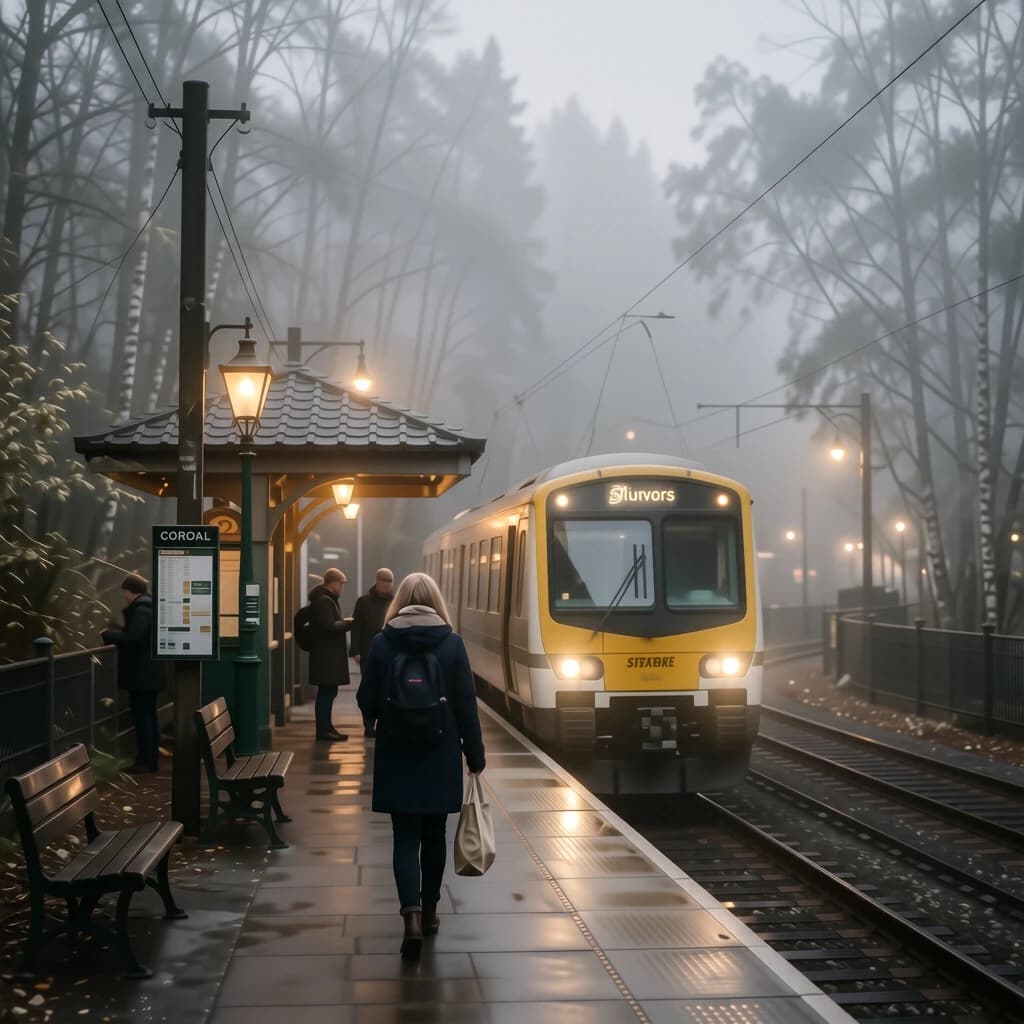 A commuter train enters a foggy little station.