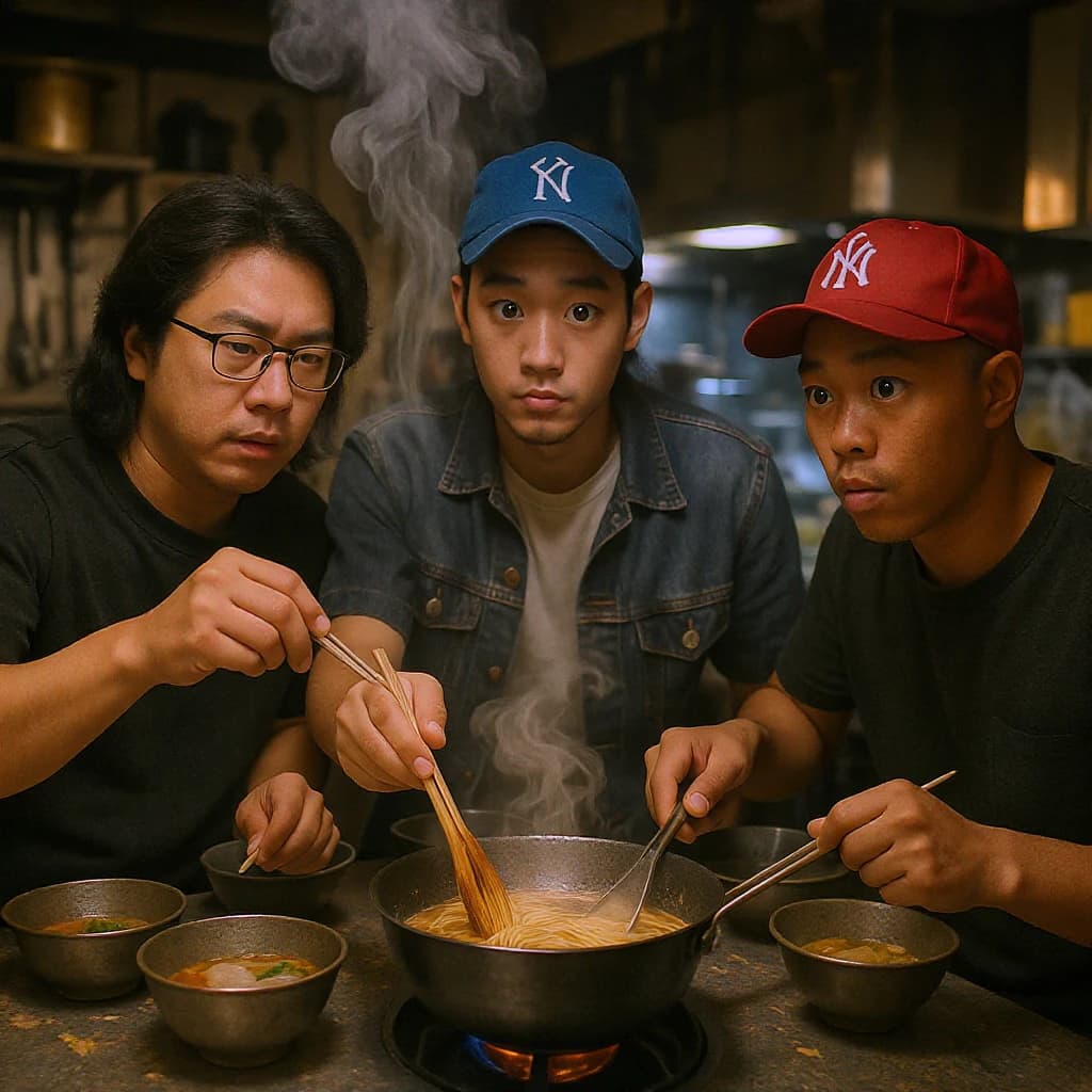 Club friends cooking ramen, steam rising, cel-shaded, city kitchen, big eyes.