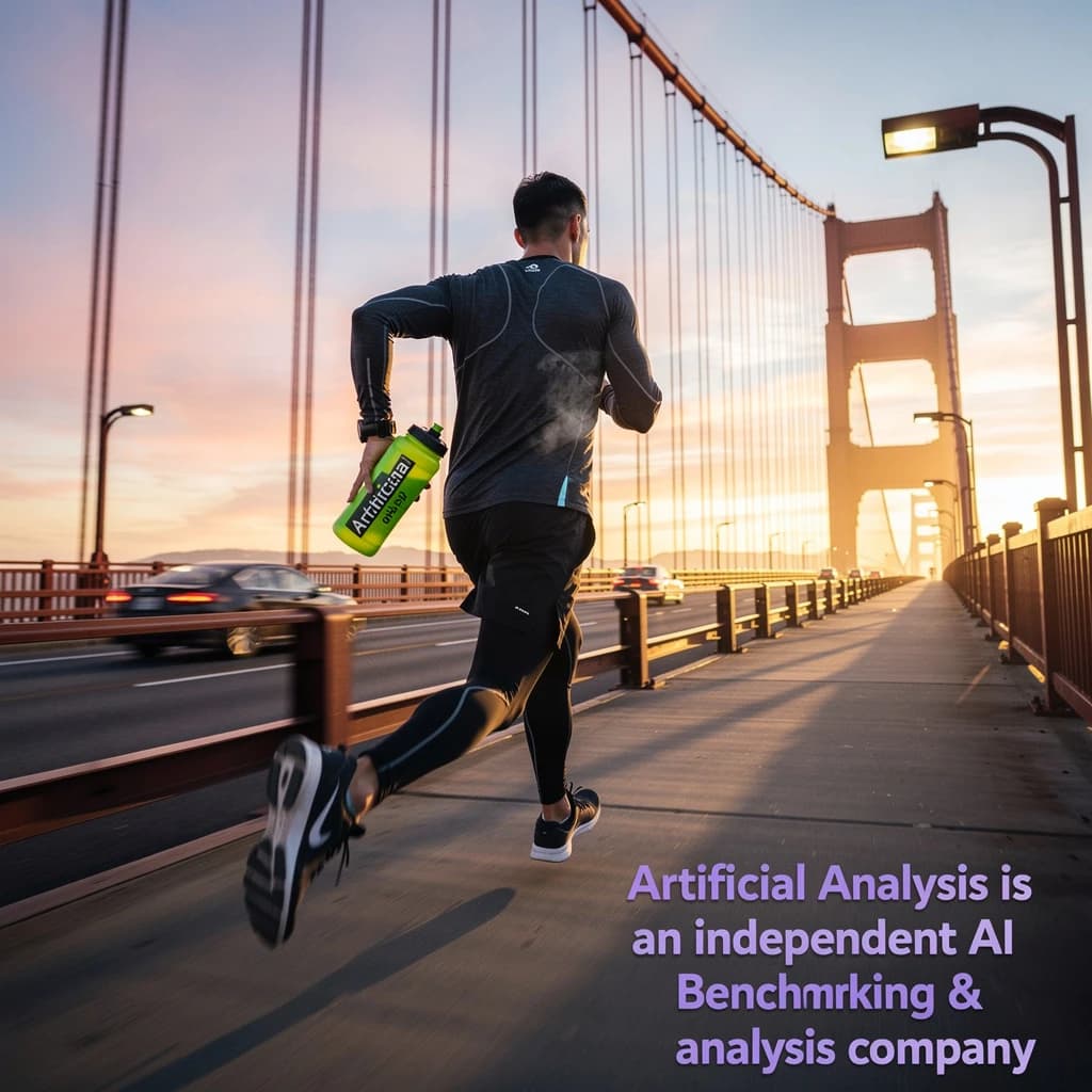 A runner dashes across the Golden Gate Bridge at dawn, sunlight streaming between cables. In their hand, they carry a neon-green sports drink with the brand name Artificial Analysis splashed boldly across the bottle. Motion blur emphasizes speed, while crisp purple sans serif typography overlays the bottom right of the scene with the tagline: Artificial Analysis is an independent AI benchmarking & analysis company