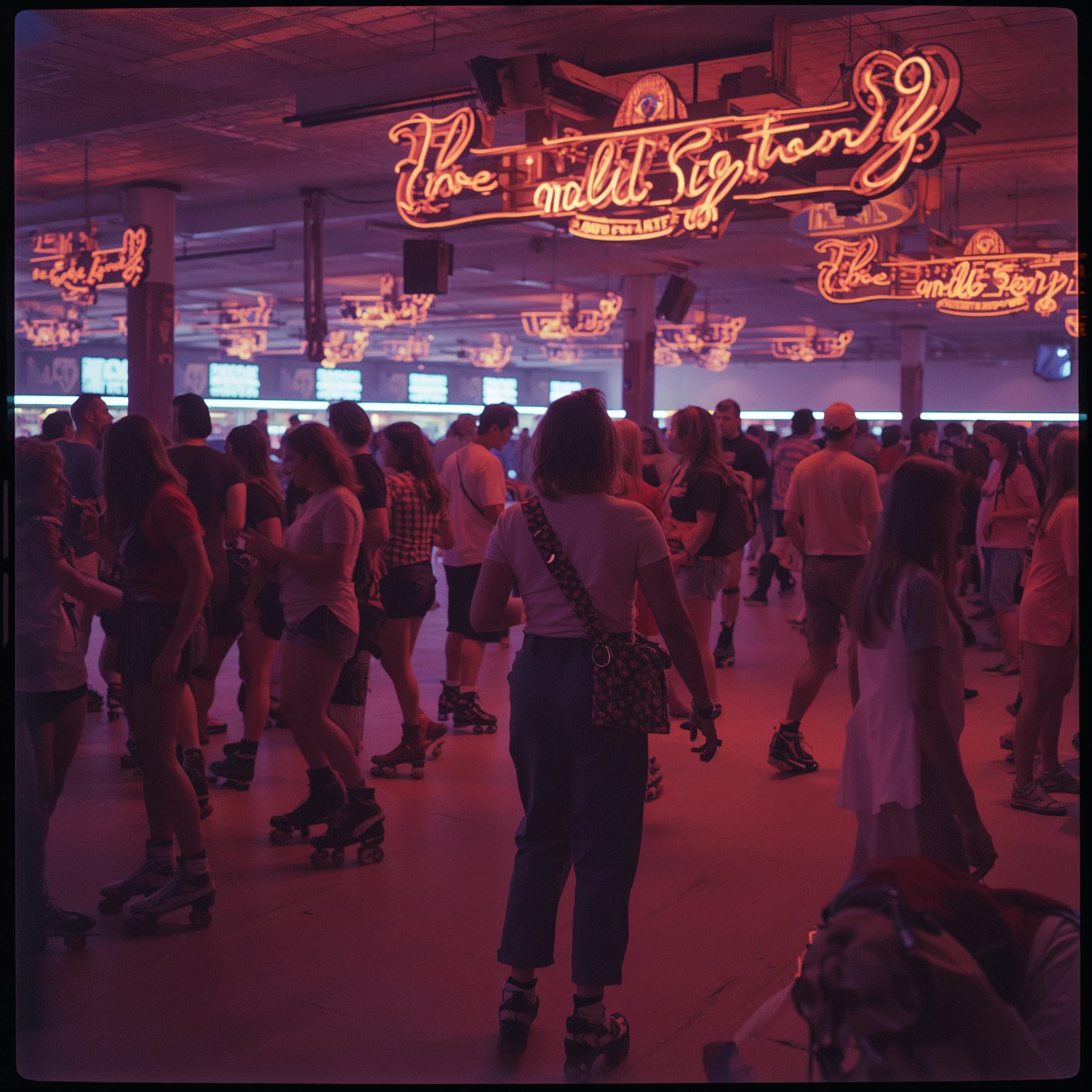 A 1970s roller rink crowd skates under neon, with a bit of fade and film grain.