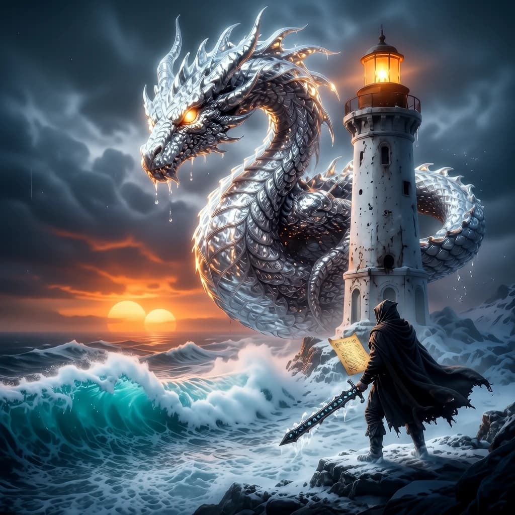 A dragon of molten silver coils around a lighthouse. The storming sea below crashes upward in frozen stillness, as though caught mid-motion. The dragon’s molten eyes drip tears of ice. On the horizon, two suns set next to each other, casting orange light on one side of the tower and blue on the other. A cloaked traveler carries an ancient weapon in his left hand and a scroll in his right.