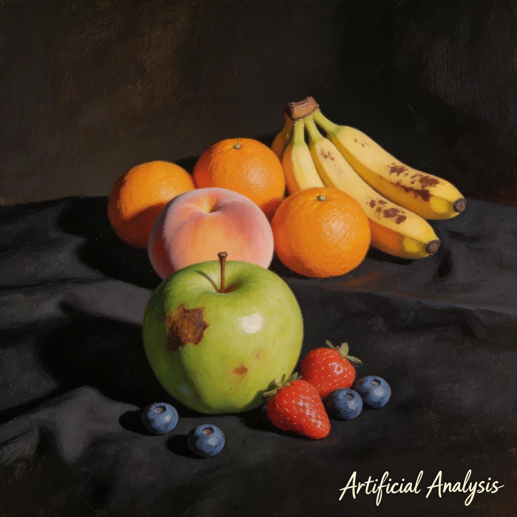 A still life scene painted oil on canvas, comprising various fruits on a black table cloth with striking lighting coming from the right out of frame, creating strong shadows. A bruised green apple is in the foreground, a peach behind it, and behind that a melange of oranges and bananas in various states of ripeness. Berries are strewn in front of the apple. The artist has signed his name "Artificial Analysis" in the bottom right corner in a hurried fashion.