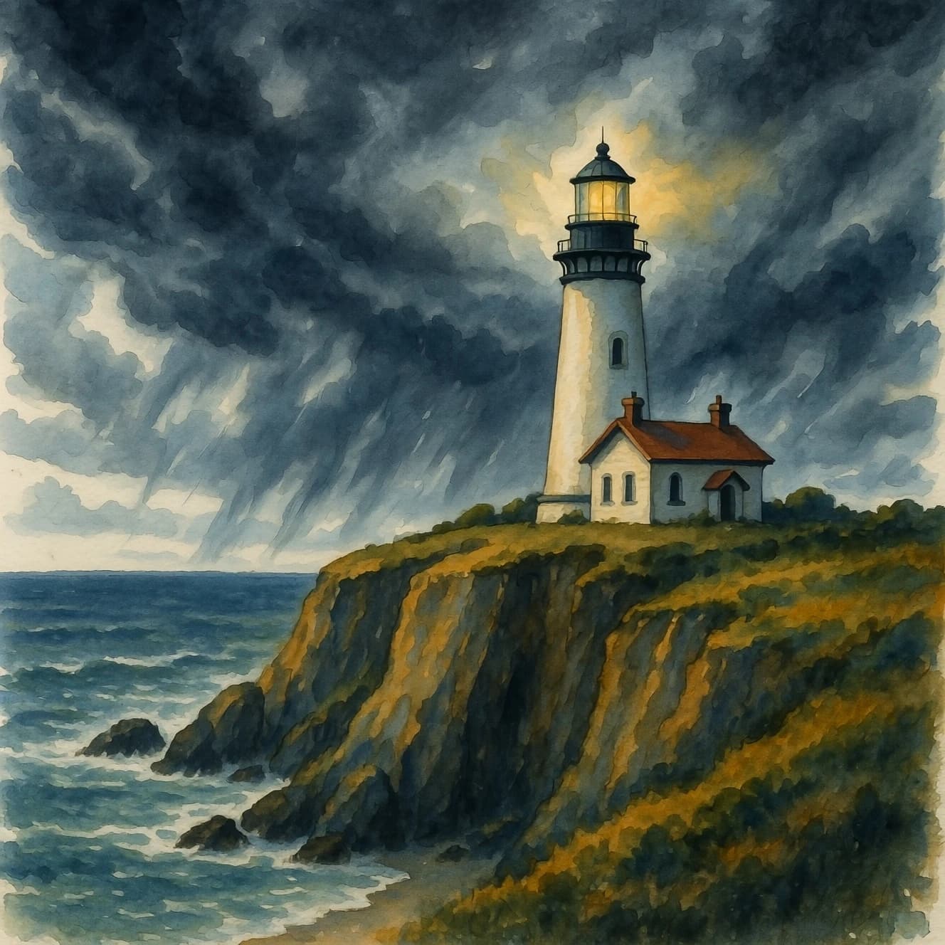 Please paint a watercolor of stormy cliffs and a lighthouse, moody sky.