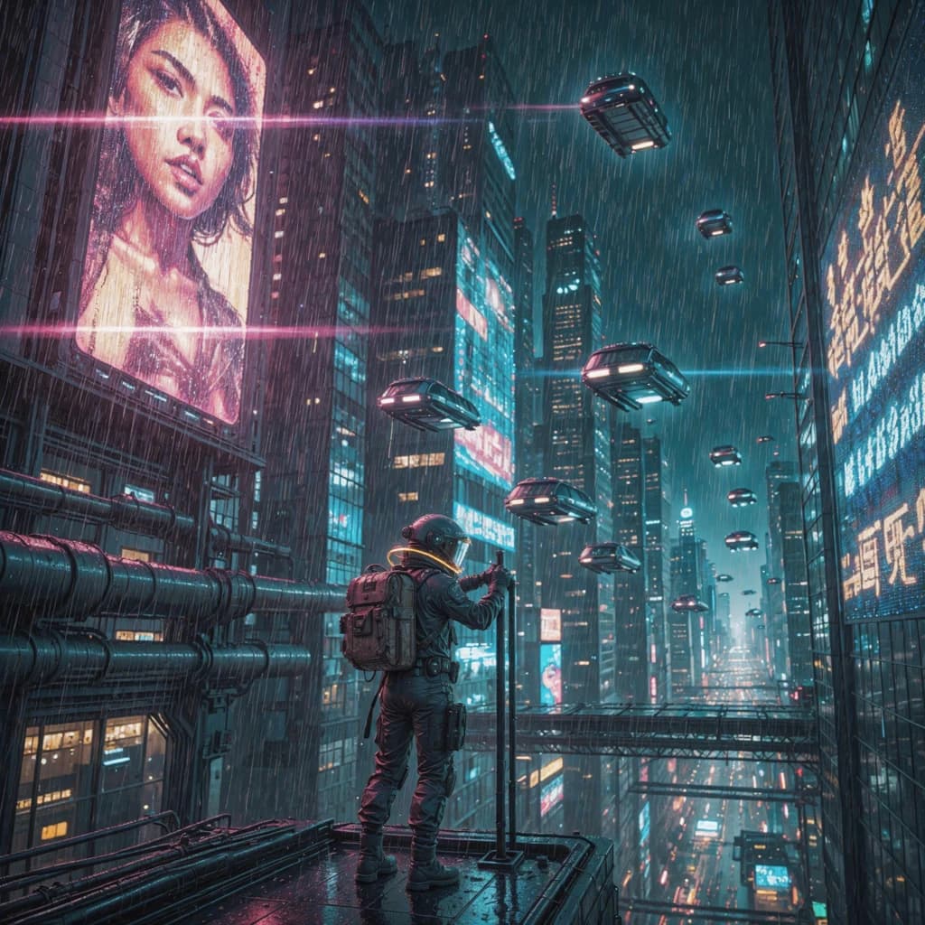 Rain-soaked neon megacity at night, flying taxis weave between glass towers, giant holograms flicker; a lone courier in a matte exosuit, somewhat cinematic wide angle.