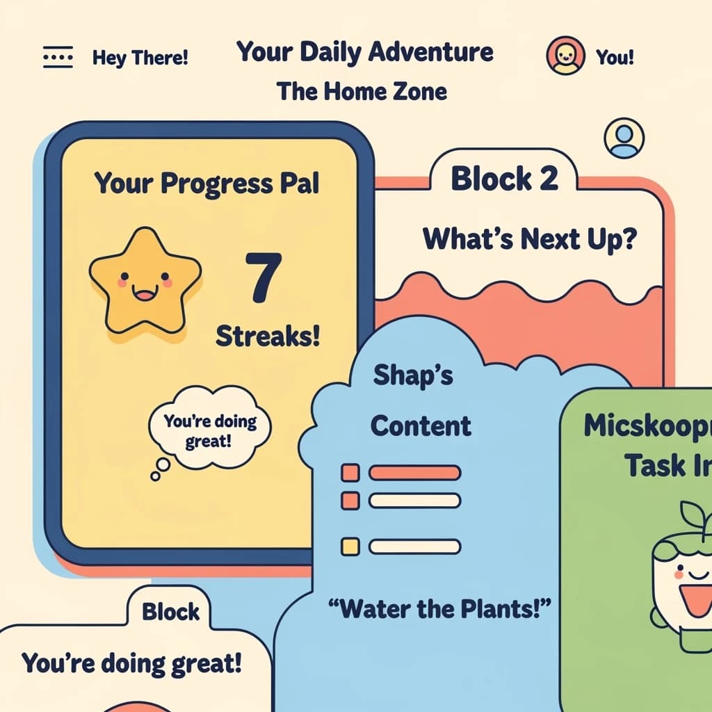 Playful mobile app dashboard, thick outlines, flat colors, friendly microcopy.