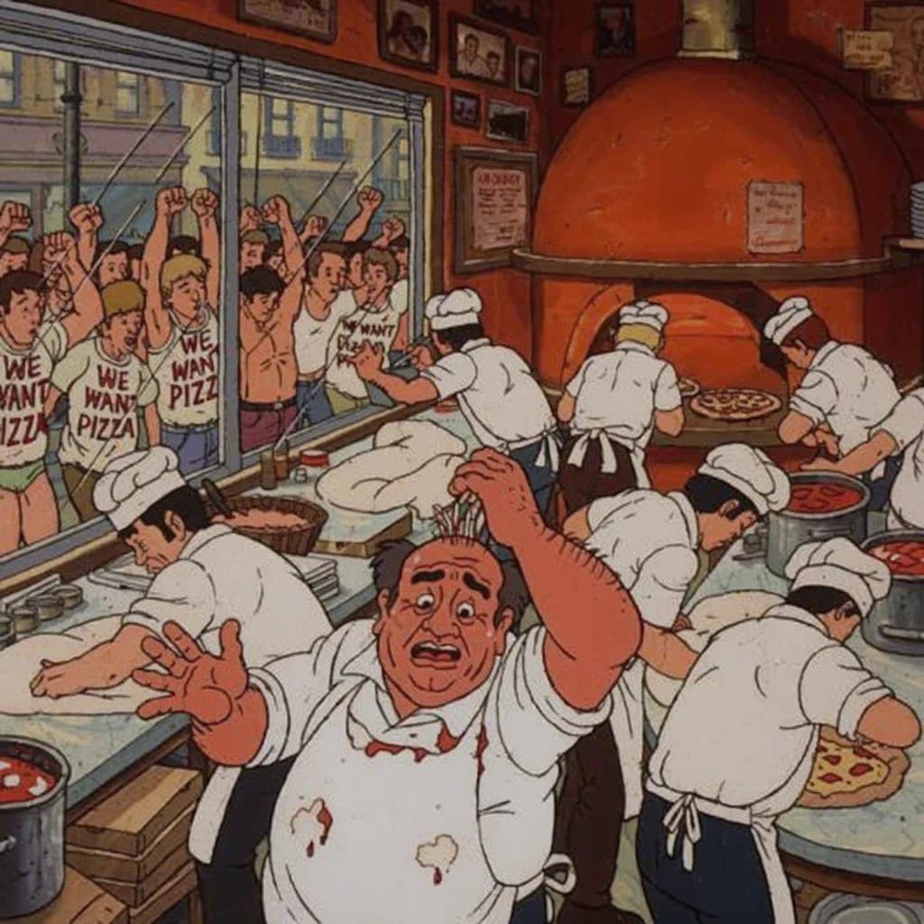Pasquale is pulling his few remaining hairs out over a disaster at the pizzeria - the cooks are working as fast as they can but the crowds outside are swelling and they demand hot hot pizza! They are banging on the glass and some are wearing "we want pizza" shirts. 1980s western TV animation style.