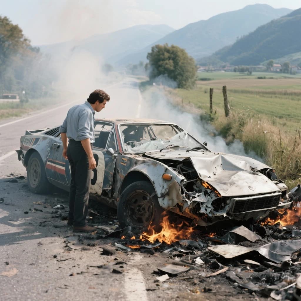 Mario examines the still smouldering wreck of the crash that took his best driver on the side of the country road. He designed this car and caused this. 3 days have passed since the crash. It's 1973 in Northern Italy.