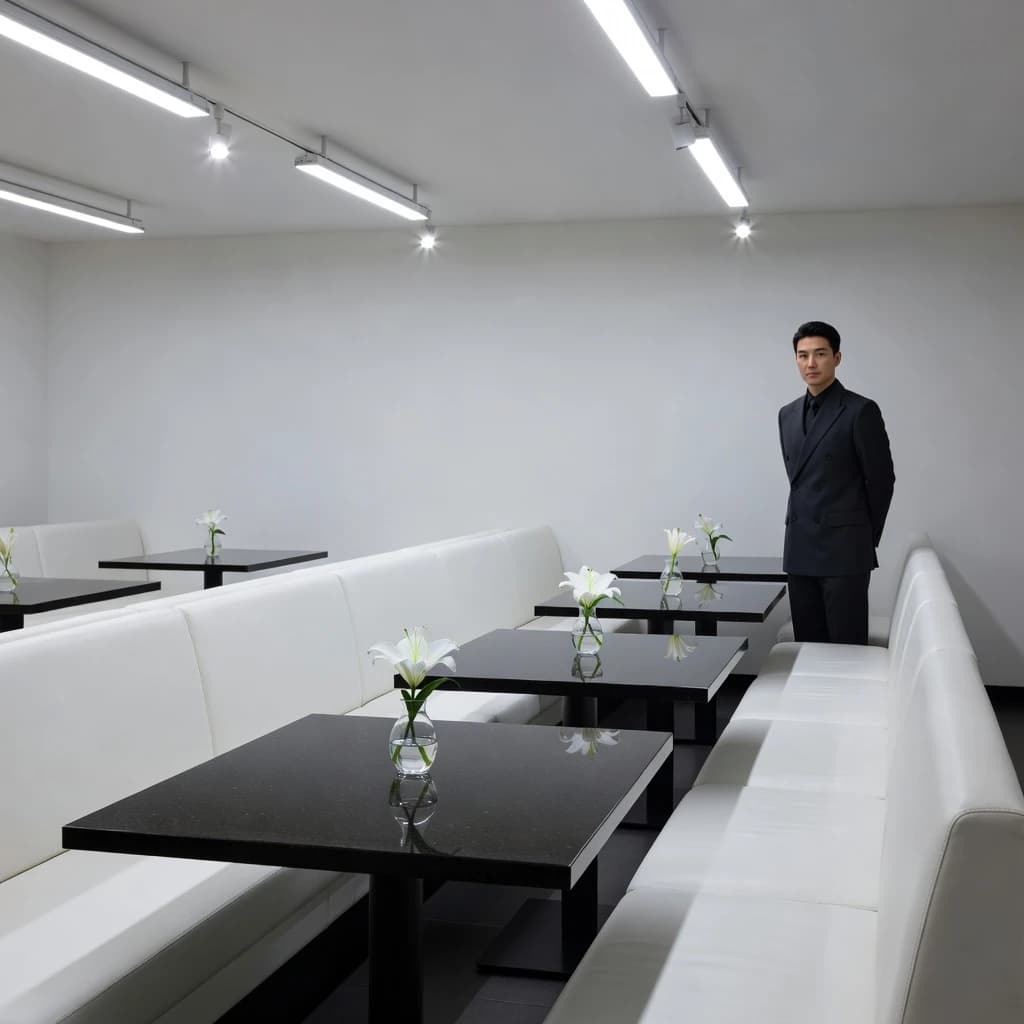 The place is almost empty. The banquettes are covered in white leather, the tables black granite, and the entire room is bathed in halogen track lighting that seems too bright. The maître d’ wears a double-breasted wool crepe jacket. There are lilies on every table.