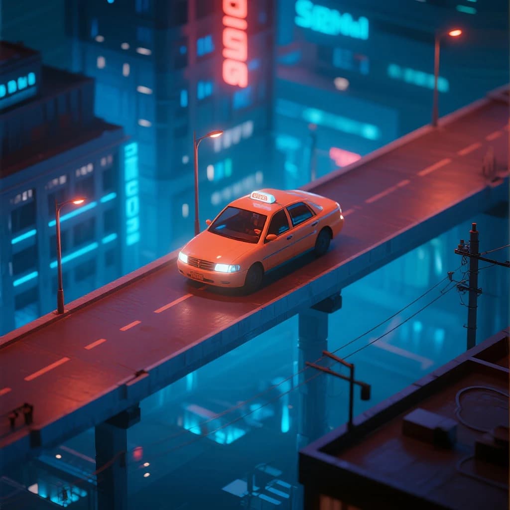 Design an isometric neon city with hovering taxis, clean lines, soft glow.