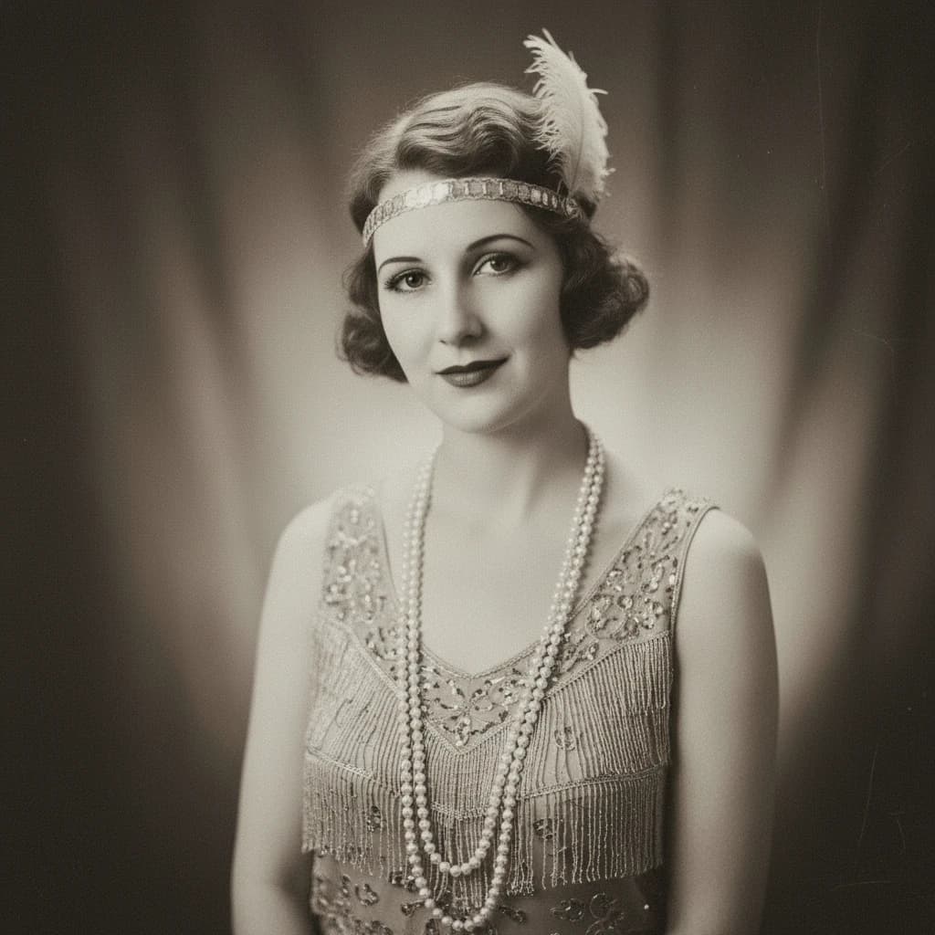 Sepia-toned studio portrait of a flapper with pearl necklace, soft grain.