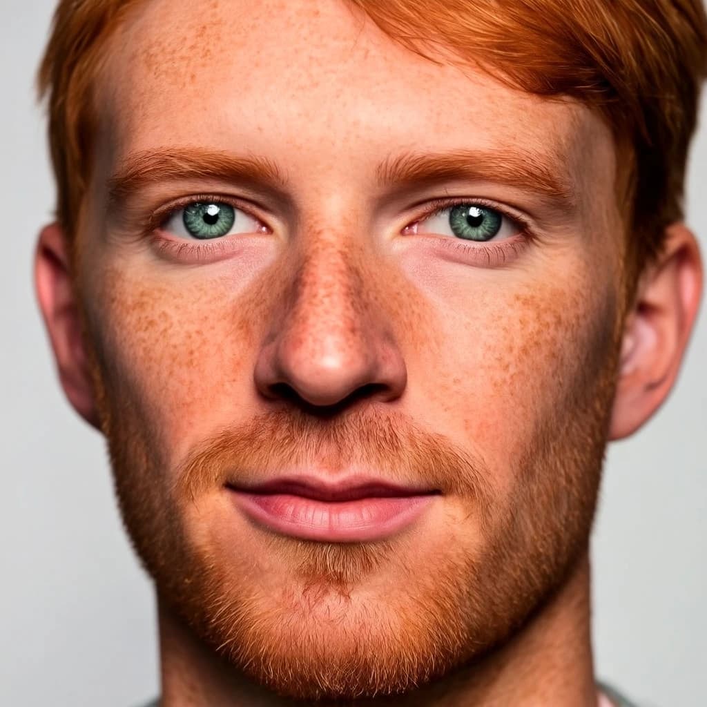 Shoot a natural light headshot of a red-haired man with freckles, green eyes.
