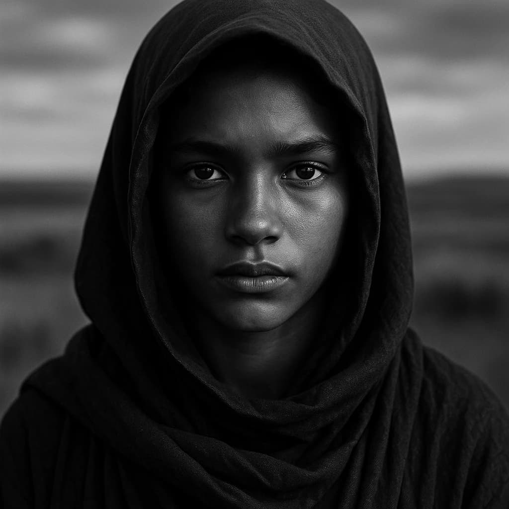 A dramatic black-and-white portrait of a young person draped in a hooded garment, their face framed by the hood's dark folds. Their skin tone and the subtle sheen on their cheeks create striking tonal contrast against the deep shadows. Their eyes are piercing, looking directly into the lens with a calm, steady intensity—neither confrontational nor submissive, but deeply present. The texture of the fabric is visible: it's dense, slightly weathered, and whisper-thin creases catch the light. In the background, an expansive, out-of-focus landscape suggests open space—perhaps distant plains or water—though the details remain soft and abstract. The overall mood is silent yet powerful, poised between vulnerability and resilience, with every highlight and shadow telling part of their story.