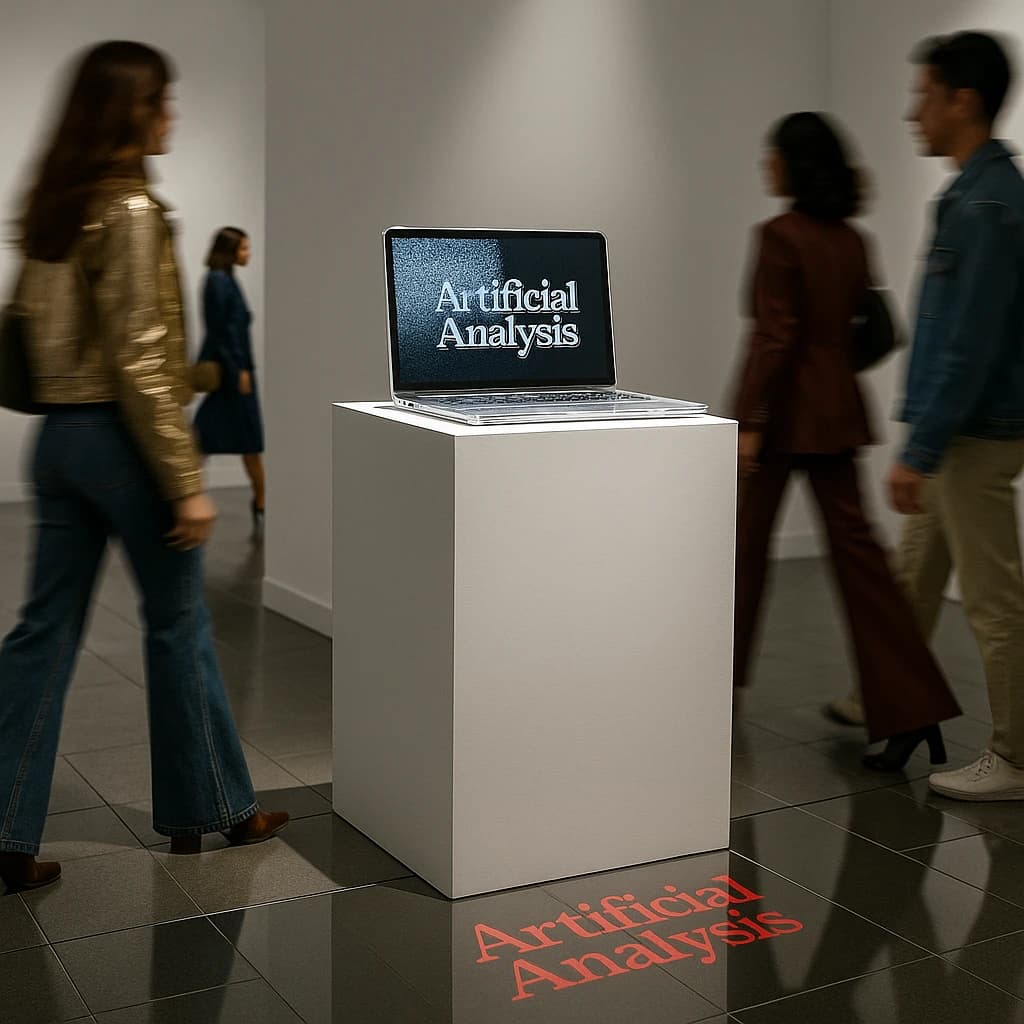 In a spotless gallery space, a pedestal supports a transparent laptop whose screen flickers between static and pristine brand imagery. Shoppers blur past in designer clothes that appear slightly outdated - bell bottoms, metallic jackets. The embossed logo “Artificial Analysis” glints silver, yet its reflection in the glass floor reads in crimson letters. A single spotlight shines, though shadows fall in two directions.