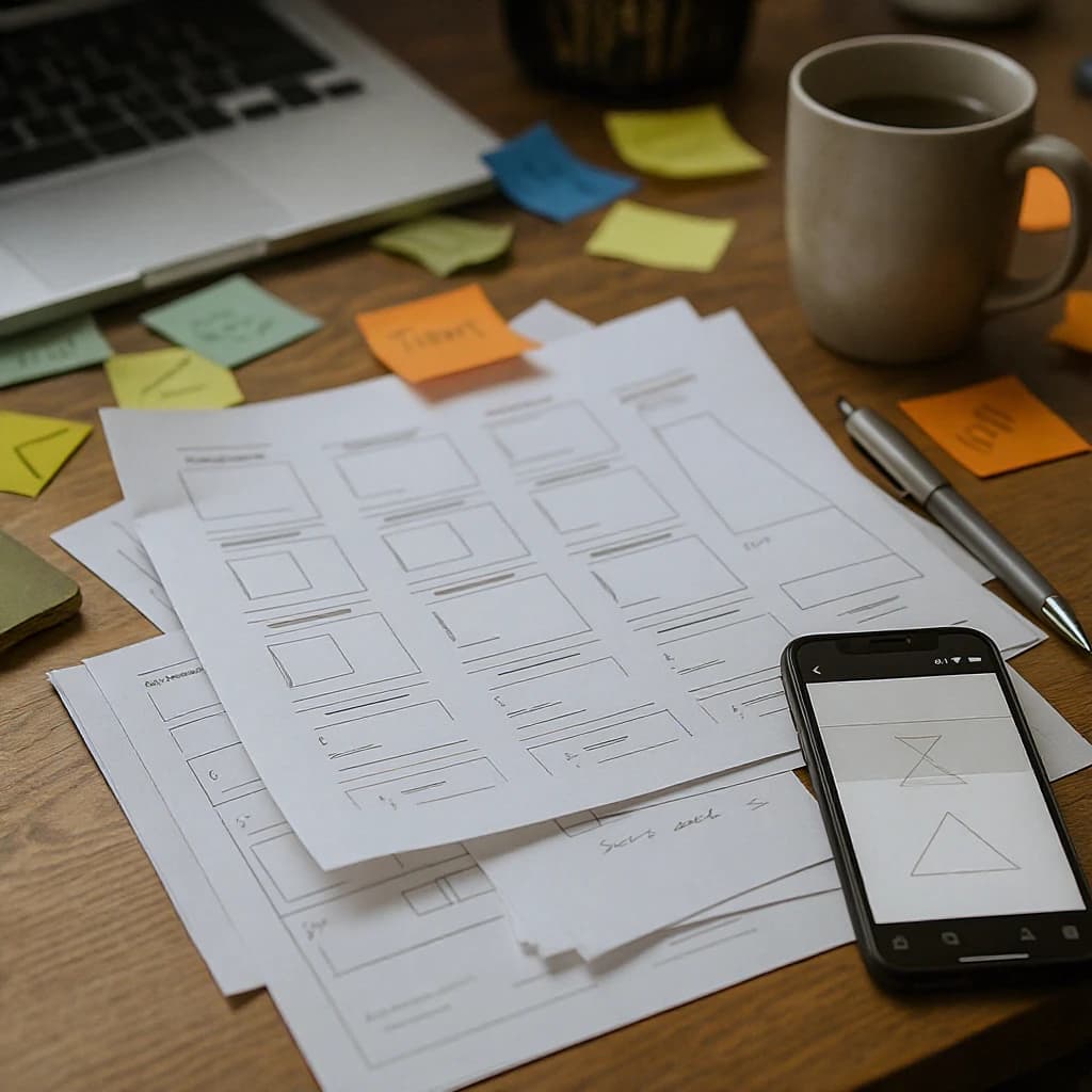 Close-up photo shows a messy desk, wireframes, sticky notes, mobile mockup, mug.