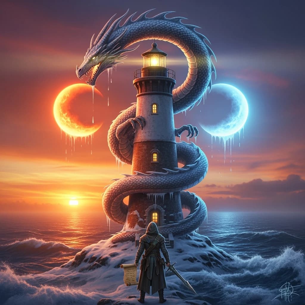 A dragon of molten silver coils around a lighthouse. The storming sea below crashes upward in frozen stillness, as though caught mid-motion. The dragon’s molten eyes drip tears of ice. On the horizon, two suns set next to each other, casting orange light on one side of the tower and blue on the other. A cloaked traveler carries an ancient weapon in his left hand and a scroll in his right.