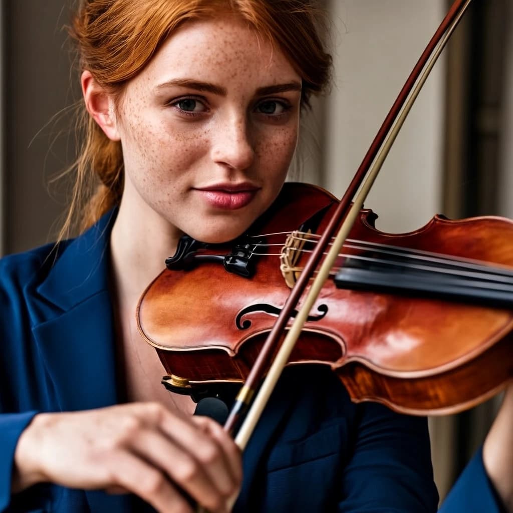 Capture a head-and-shoulders portrait of a freckled red-haired violinist in a navy blazer, soft window light, 85mm at f/1.8, gently smiling yet serious eyes, muted tones.