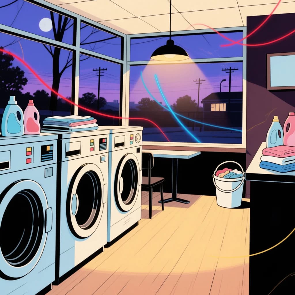 A cozy laundromat at dusk, neon humming, flat colors, bold inked lines.