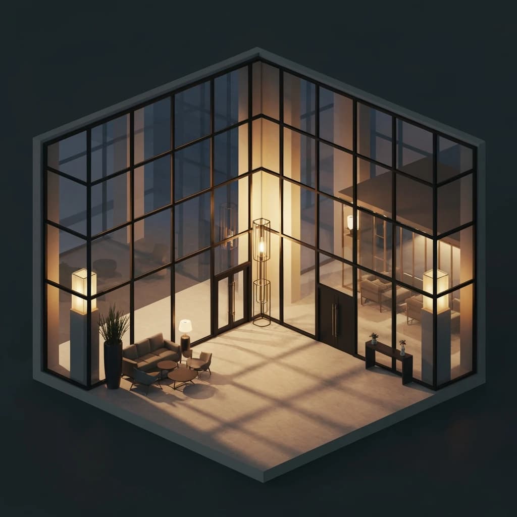 Isometric 3D lobby, glass walls, warm lights, slightly moody, soft shadows.