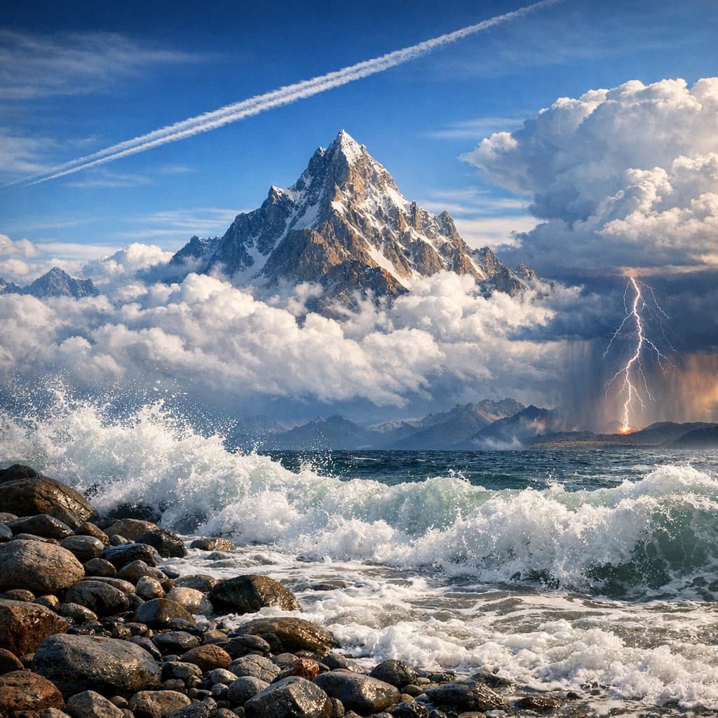A stunning mountain vista pokes through the cloud top. Contrails from a distant airplane linger in the air. In the foreground there is a stony beach with foamy seas. A thunder storm is visibile in the distant right.