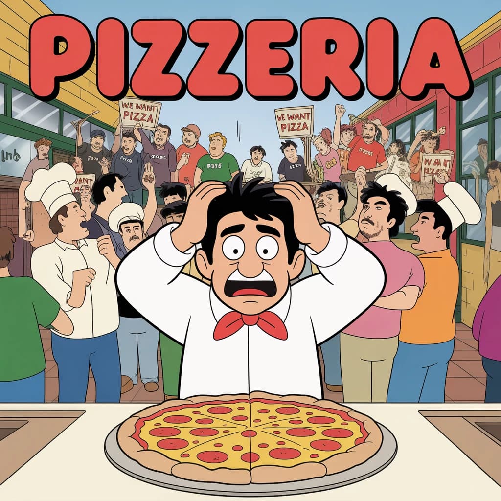 Pasquale is pulling his few remaining hairs out over a disaster at the pizzeria - the cooks are working as fast as they can but the crowds outside are swelling and they demand hot hot pizza! They are banging on the glass and some are wearing "we want pizza" shirts. 1980s western TV animation style.