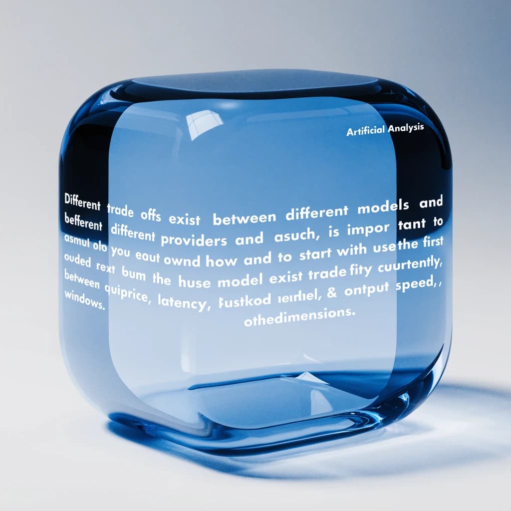 In a clear transparent blue glassy rounded box, etch "Different trade offs exist between different models and providers and as such, it is important to start with how you intend to use the model as the first step. Trade-offs exist currently between model quality, price, output speed, latency, context window & other dimensions. " in sans serif medium weight text. Artificial Analysis is watermarked over the top right 