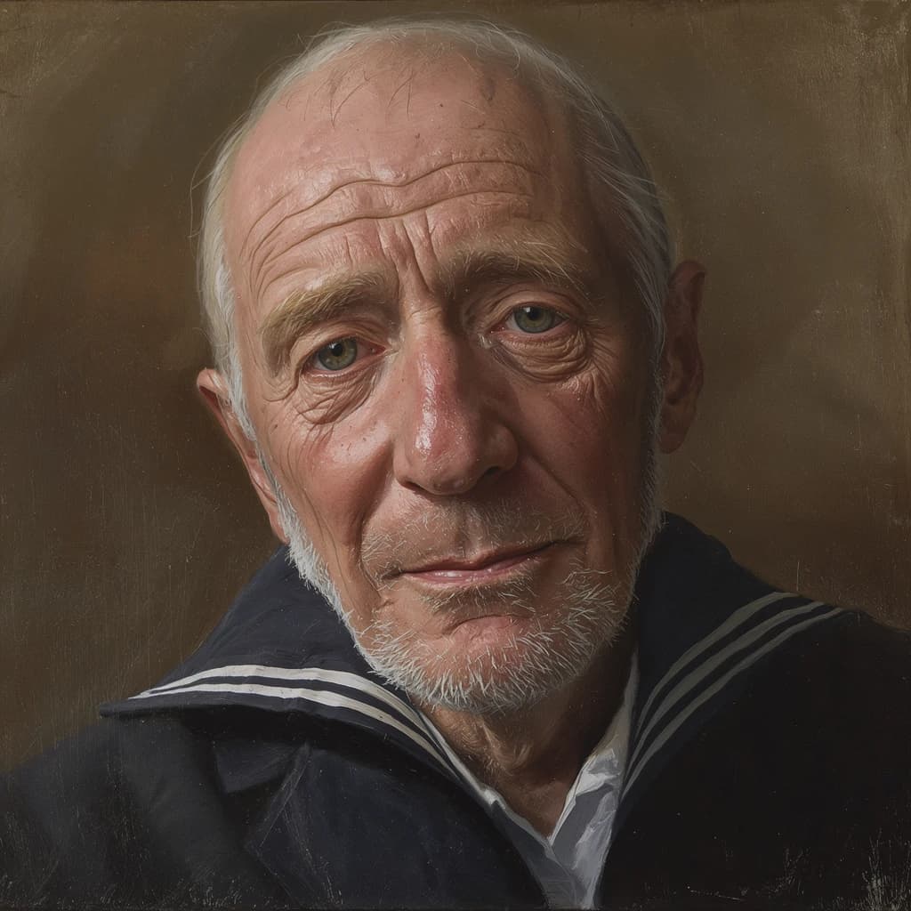 Oil on canvas portrait of an elderly sailor, weathered face, soft light.