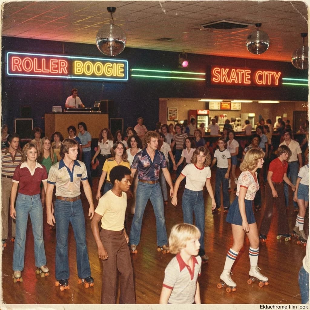 A 1970s roller rink crowd skates under neon, with a bit of fade and film grain.