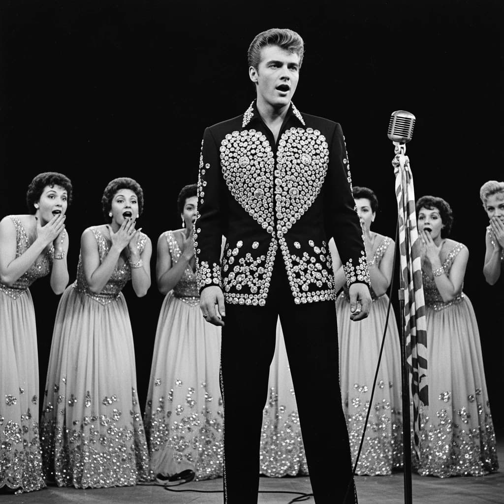 An archival image from 1953 of the rock singer swinging his hips on the stage while glamorous back up singers feign shock at his gyrations! He wears a diamond encrusted jacket with the stones arranged in the shape of a heart