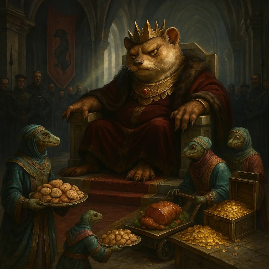 Big Weasel, the tyrannical ruler of the Levitus, slouches on his throne, his mood foul but somewhat brightened by the sight of gifts - a wearisome group of lizard traders adorned in fine silks proceed toward him through the hall with their annual tribute of biscuits, ham and gold - Big Weasel's favourites. Big Weasel's entourage looks on with stern approval.