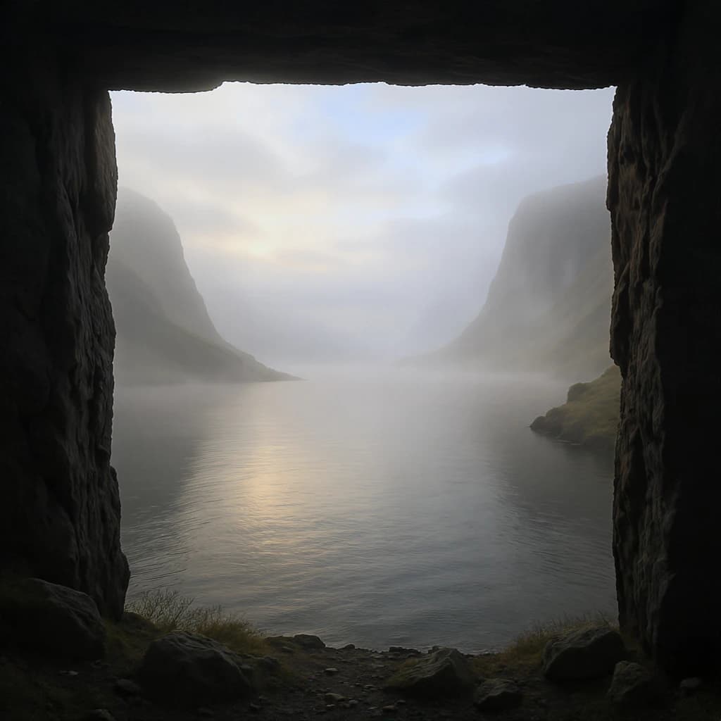 Frame a foggy fjord at sunrise, cliffs looming.
