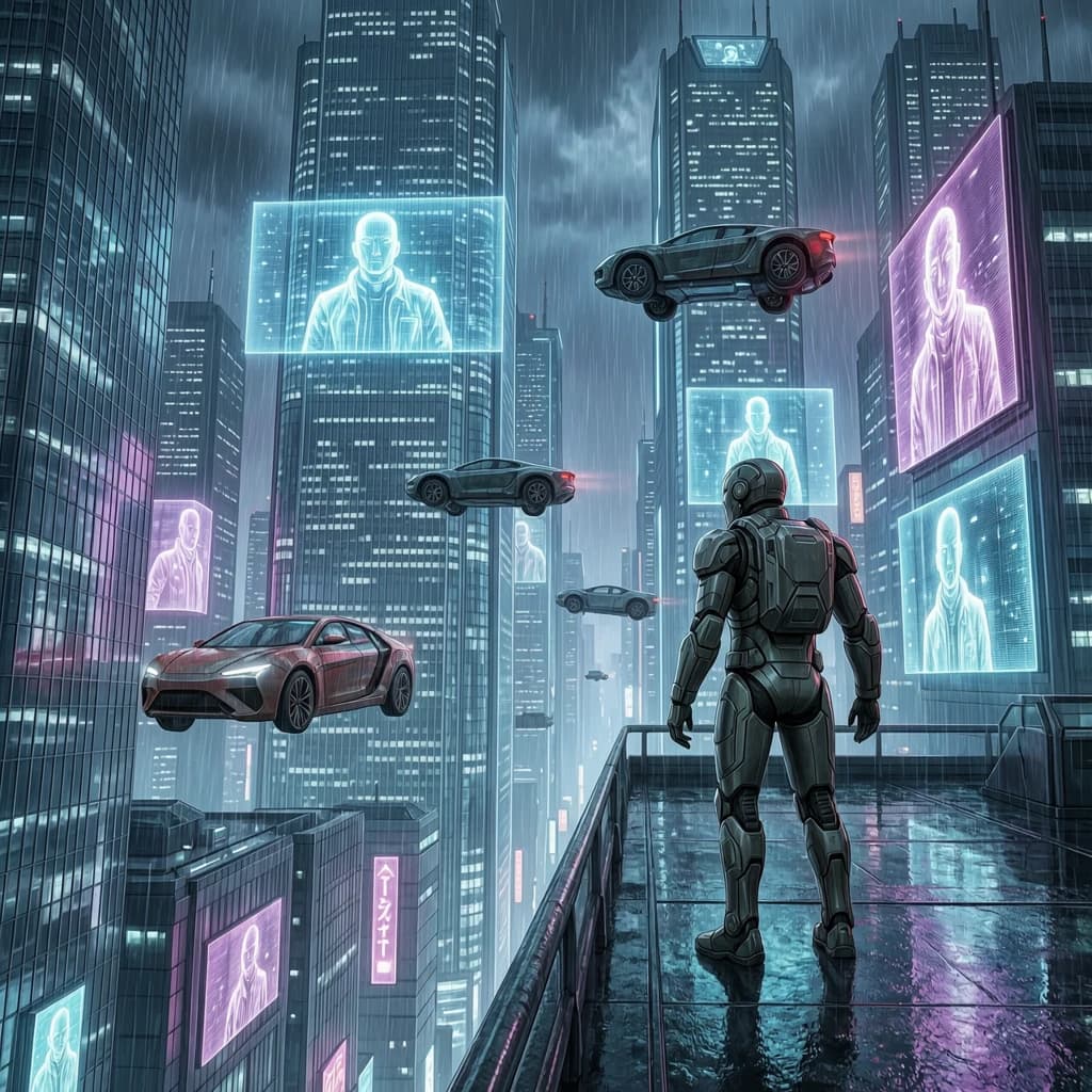 Rain-soaked neon megacity at night, flying taxis weave between glass towers, giant holograms flicker; a lone courier in a matte exosuit, somewhat cinematic wide angle.