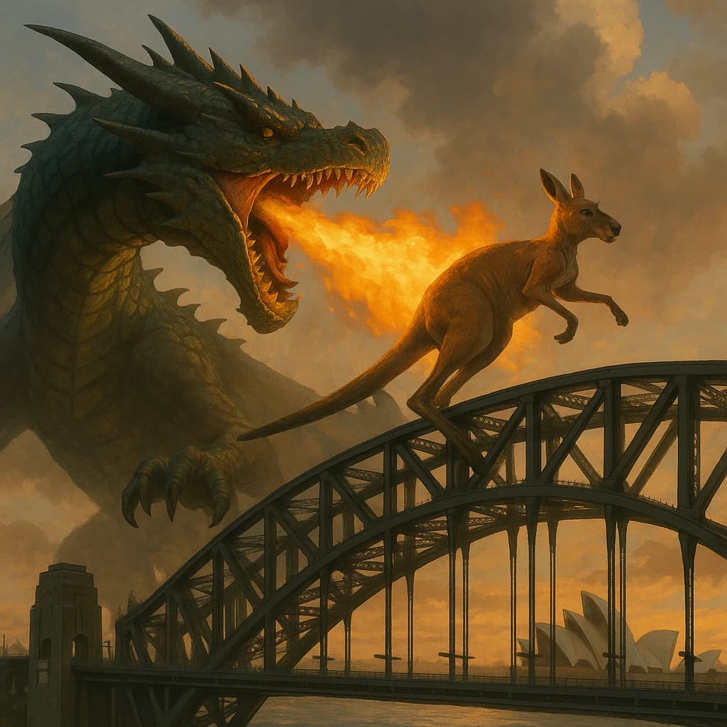 A dragon breathes fire at a kangaroo that is running away by climbing over the top of the Sydney Harbour Bridge. Opera House visible in the background.