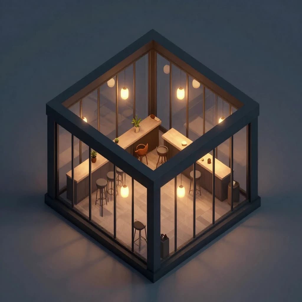 Isometric 3D lobby, glass walls, warm lights, slightly moody, soft shadows.