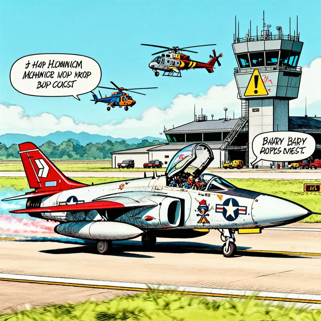Almost at the runway, Fred the Fighter Jet is racing with Barry the Bomber to see who lands first. Fred has a mischievous trick up his sleeve but Hermione the Helicopter is going to stop him before he gets the chance. The control tower is very angry and has a big exclamation mark. Hand drawn cel look